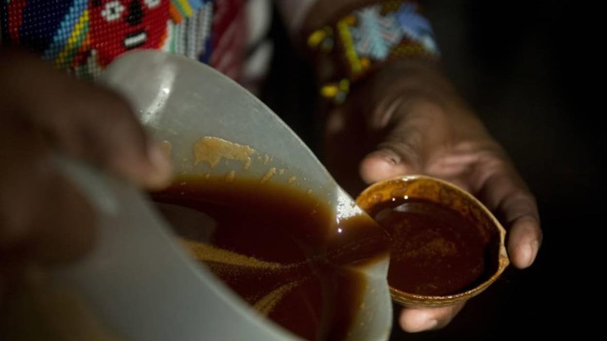 De sa main droite, un guérisseur verse de l'ayahuasca, un liquide brunâtre, dans une petite tasse.