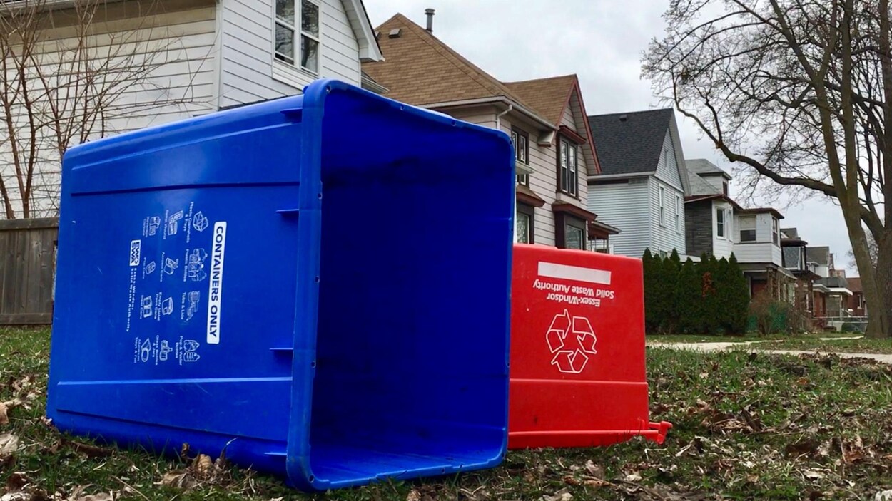Deux bacs de recyclage devant une rangée de maisons.