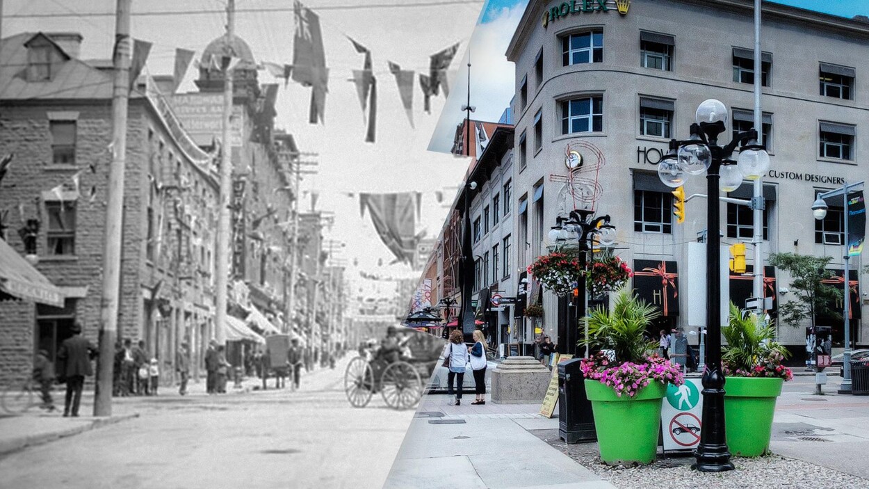À gauche, on voit une photo noir et blanc de la rue Sparks au début du XXe siècle et à droite, une photo couleur de nos jours. À gauche, on voit une photo noir et blanc de la rue Sparks au début du XXe siècle et à droite, une photo couleur de nos jours.