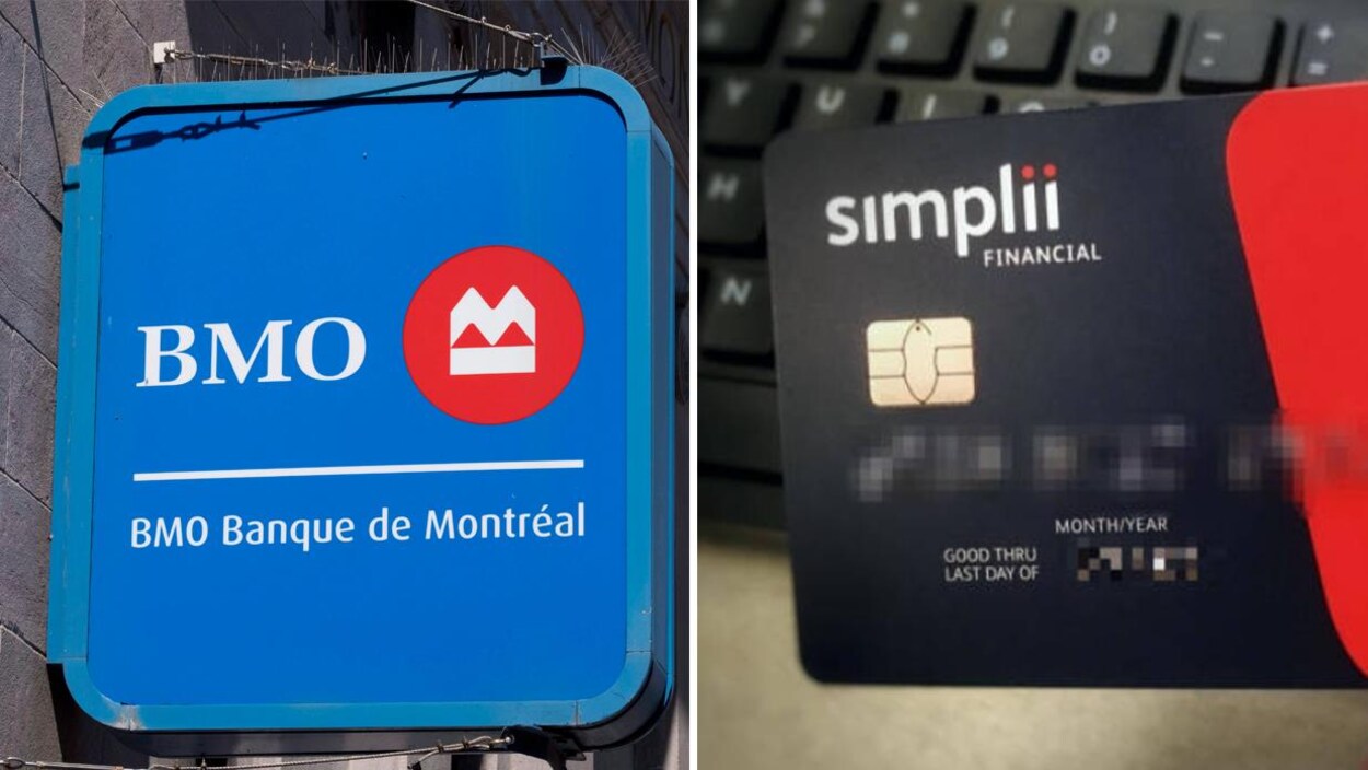 Photo d'une enseigne bleue de la Banque de Montréal et d'une carte de guichet Simplii