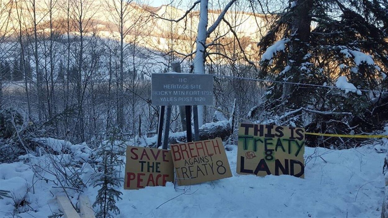 Des pancartes d'opposants au projet de barrage du site C en Colombie-Britannique.