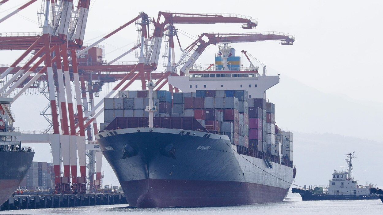 Un porte-conteneurs dans un port.