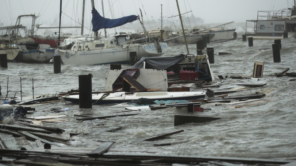 Des bateaux endommagés dans une marina.