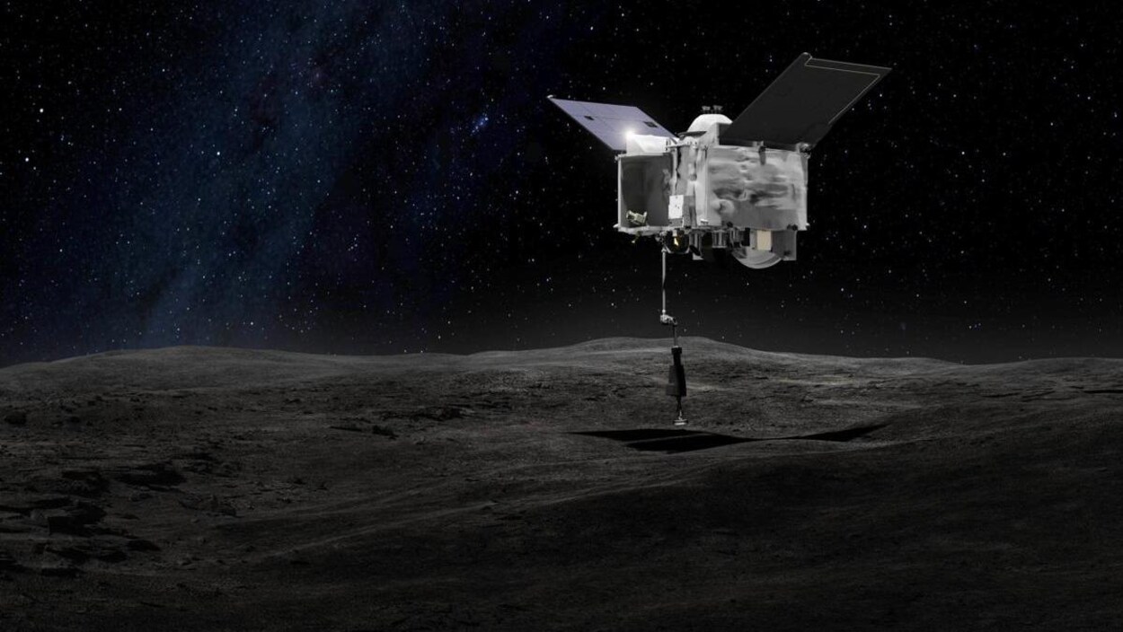 Représentation artistique de la sonde Osiris-Rex recueillant des échantillons à la surface de l'astéroïde Bennu.