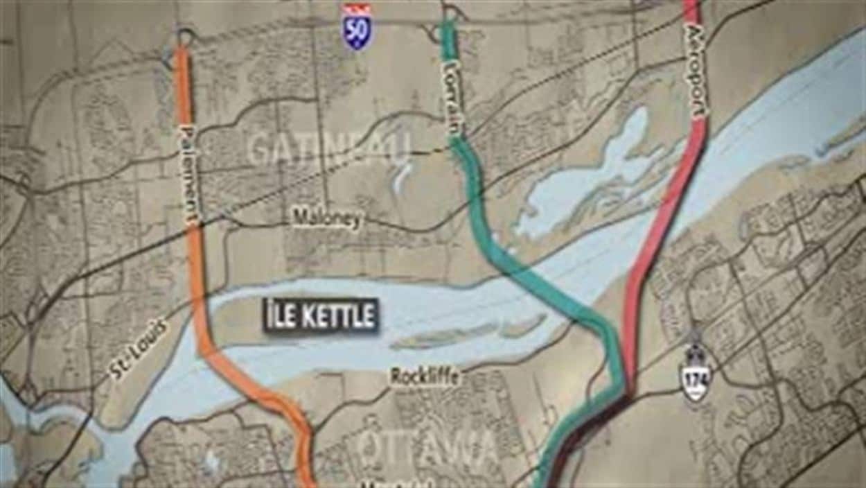 Carte montrant trois tracés potentiels pour un nouveau pont entre Ottawa et Gatineau.