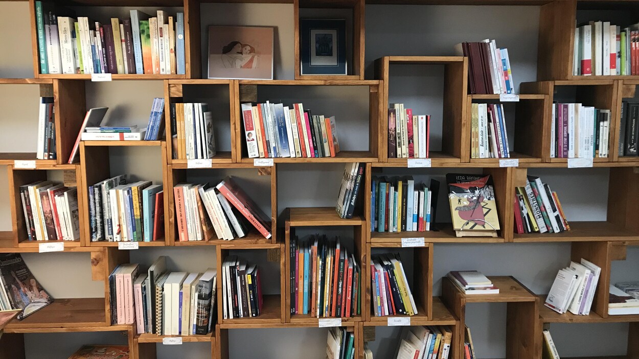 Un mur de livres appuyés dans des rayons de bois d'une bibliothèque.