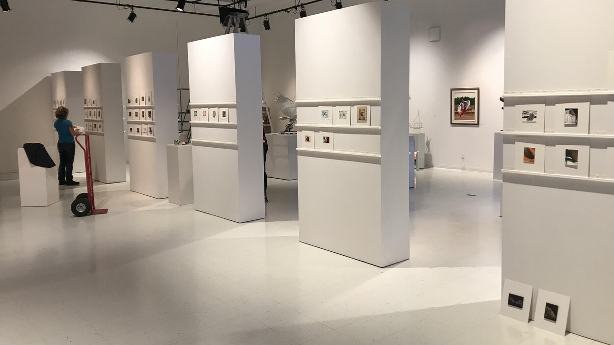 Une salle d'exposition avec des peinture miniatures sur des panneaux.