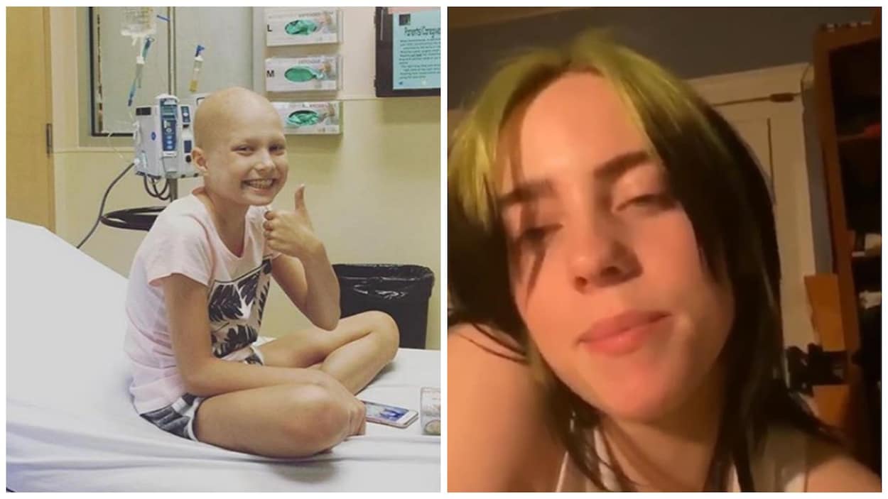 Photo de Kamryn Exley, souriante sur son lit d'hôpital et capture d'écran d'une image d'une vidéo de Billie Eilish.