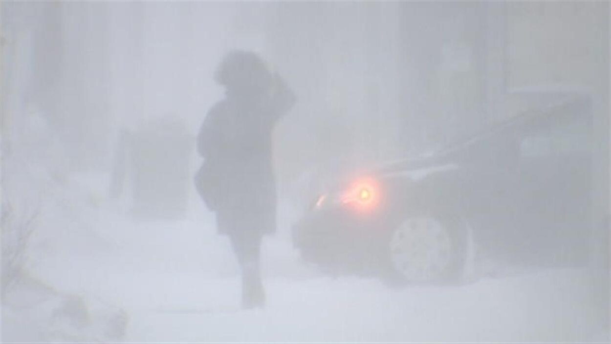 Une dame marche sur un trottoir dans la poudrerie.