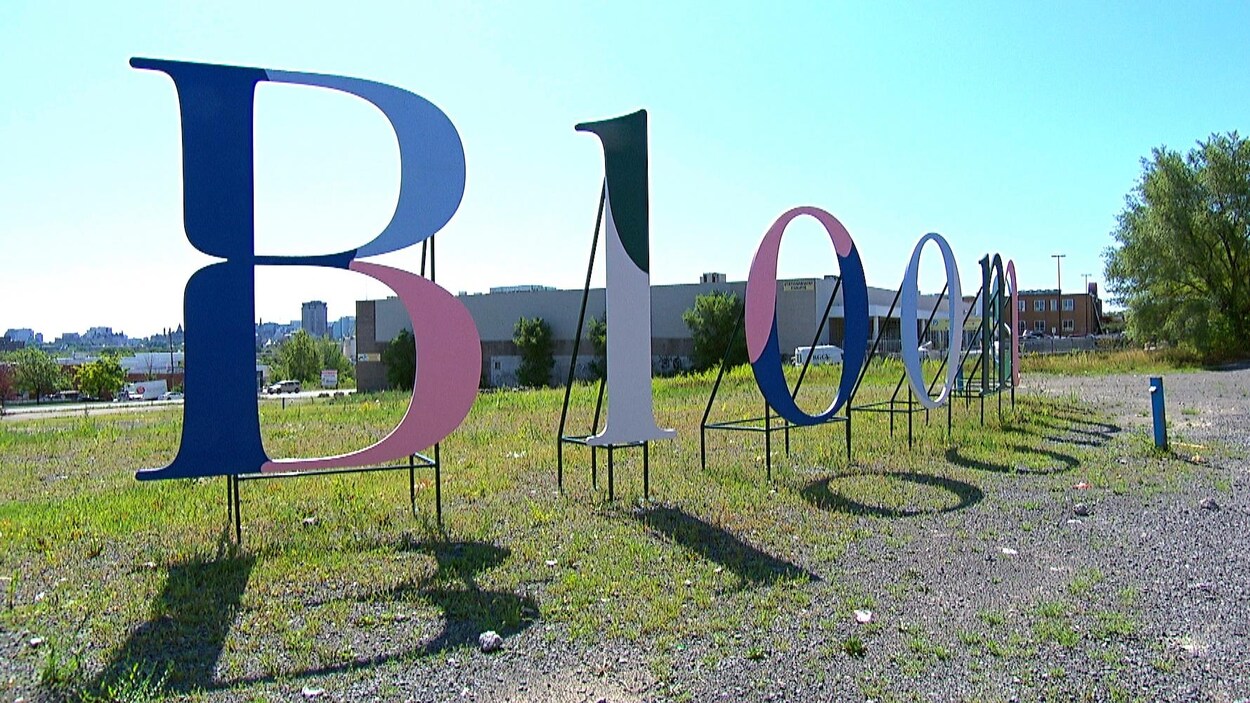 Les lettres géantes sont installées sur le terrain.