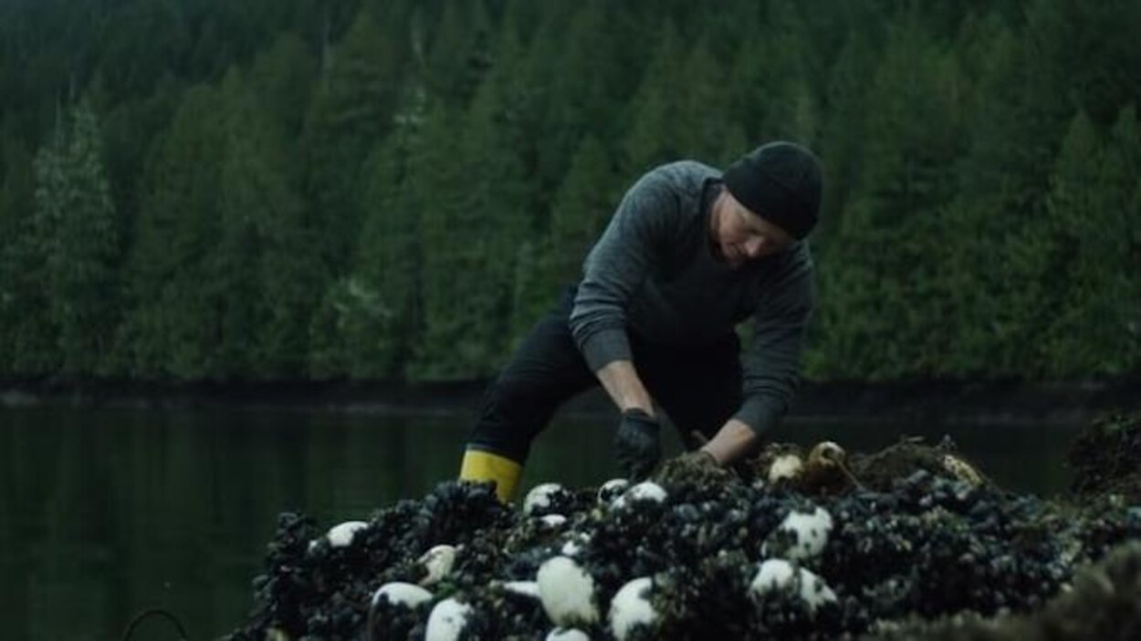 Un homme coupe un filet de pêche abandonné sur une berge.