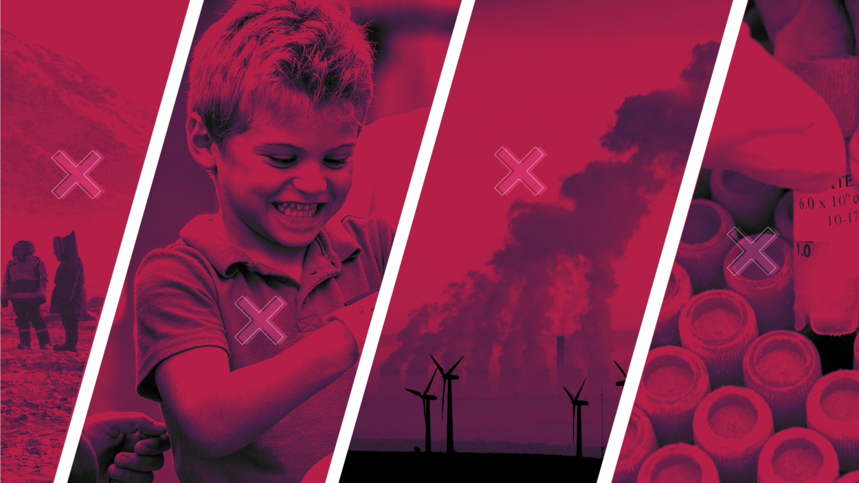 Une illustration représentant une jeune enfant qui sourit, des tubes de prélèvements sanguins, des éoliennes.