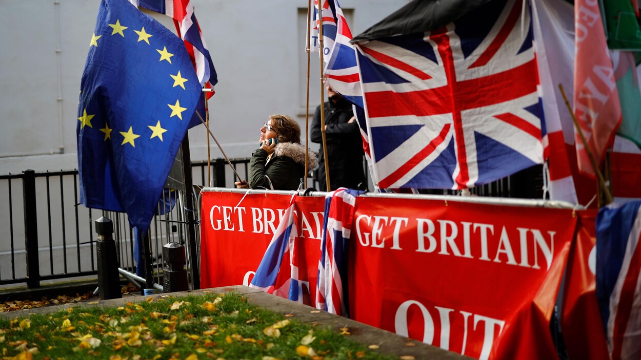 Des manifestants tiennent des drapeaux de l'Union européenne et du Royaume-Uni, devant une affiche rouge où est écrit « Get Britain Out ».