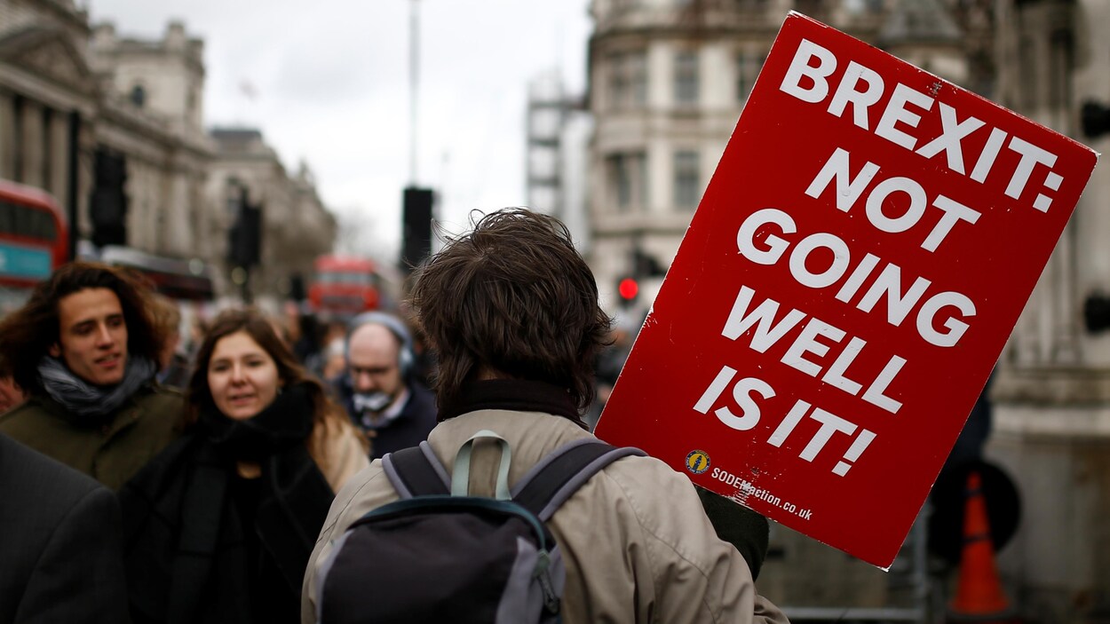 Un homme tient une affiche sur laquelle est inscrit : « Brexit : ça ne va pas du tout, n'est-ce pas? »