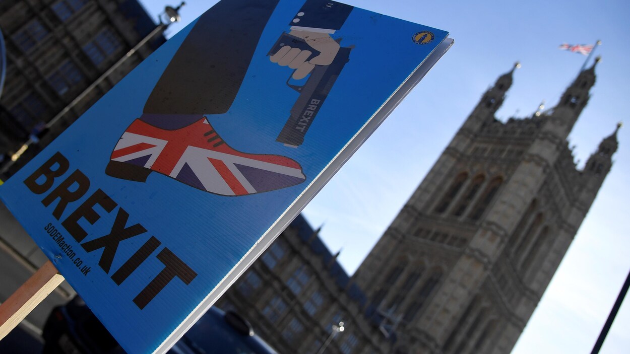 Vue lors d'une manifestation devant le parlement britannique à Londres, le 17 décembre dernier: une pancarte montrant un pistolet sur lequel est écrit «Brexit» pointé vers un pied chaussé d'un soulier aux couleurs du drapeau britannique.