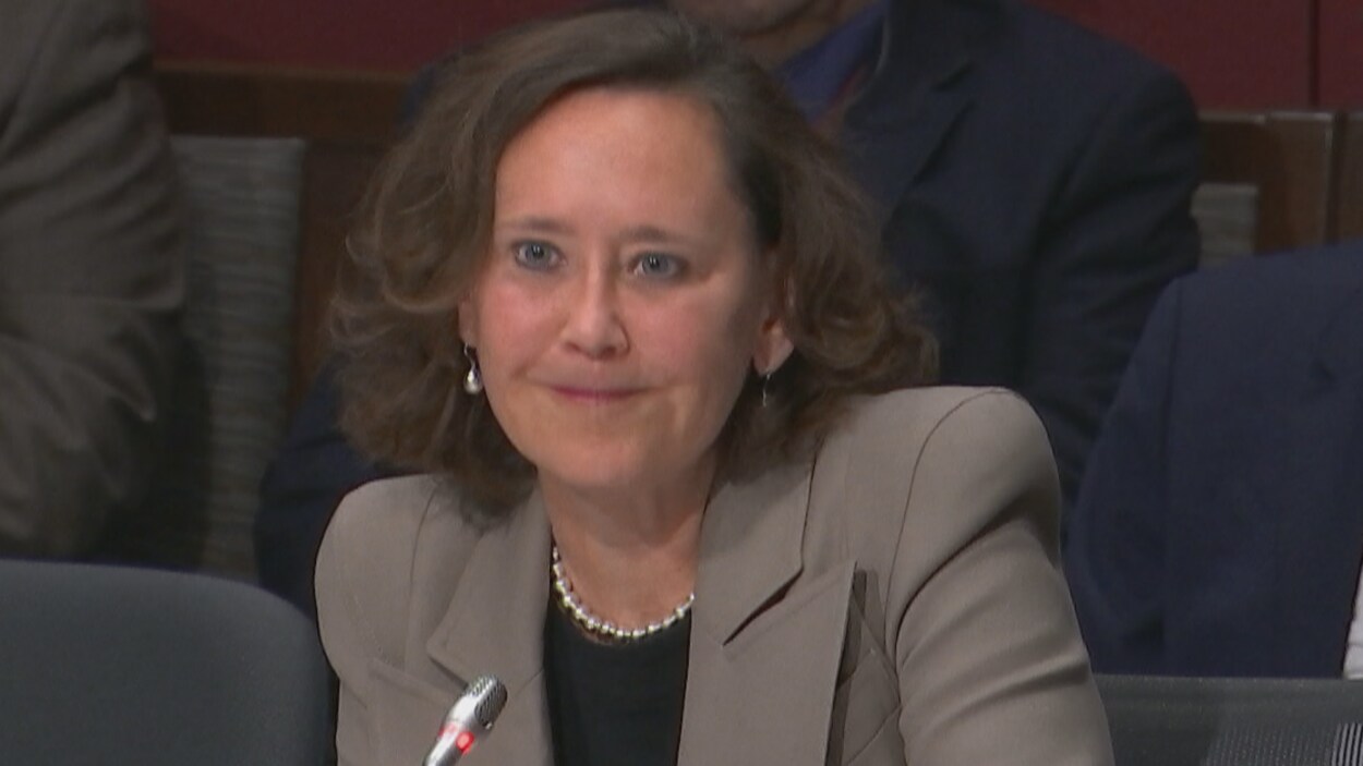 Bronwyn Eyre parle dans un micro. Elle est assise autour d'une table de conférence.