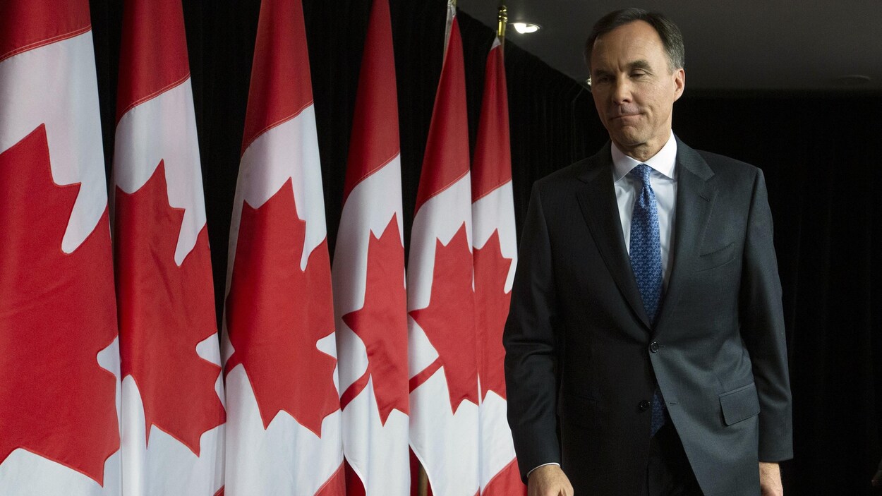 Bill Morneau debout devant plusieurs drapeaux canadiens.
