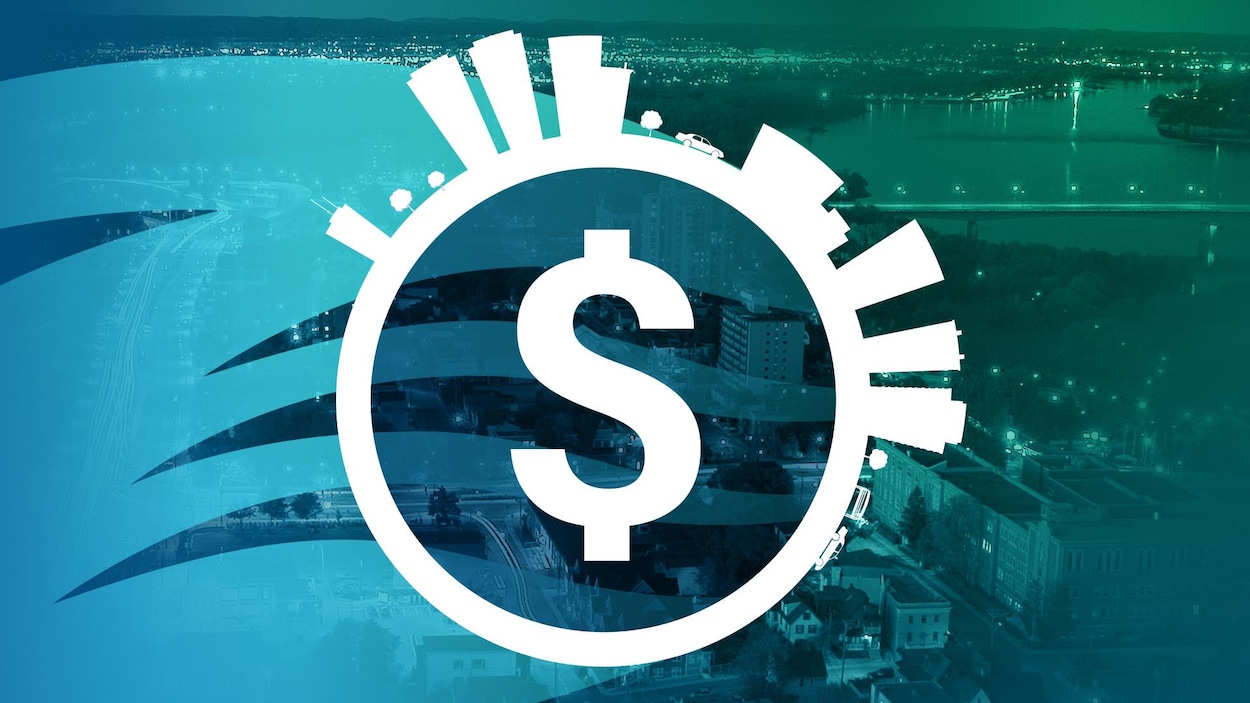 Le graphisme en vert et bleu montre un signe de dollars dans un cercle autour duquel il y a la forme d'édifices, de maisons, de voitures, d'arbres