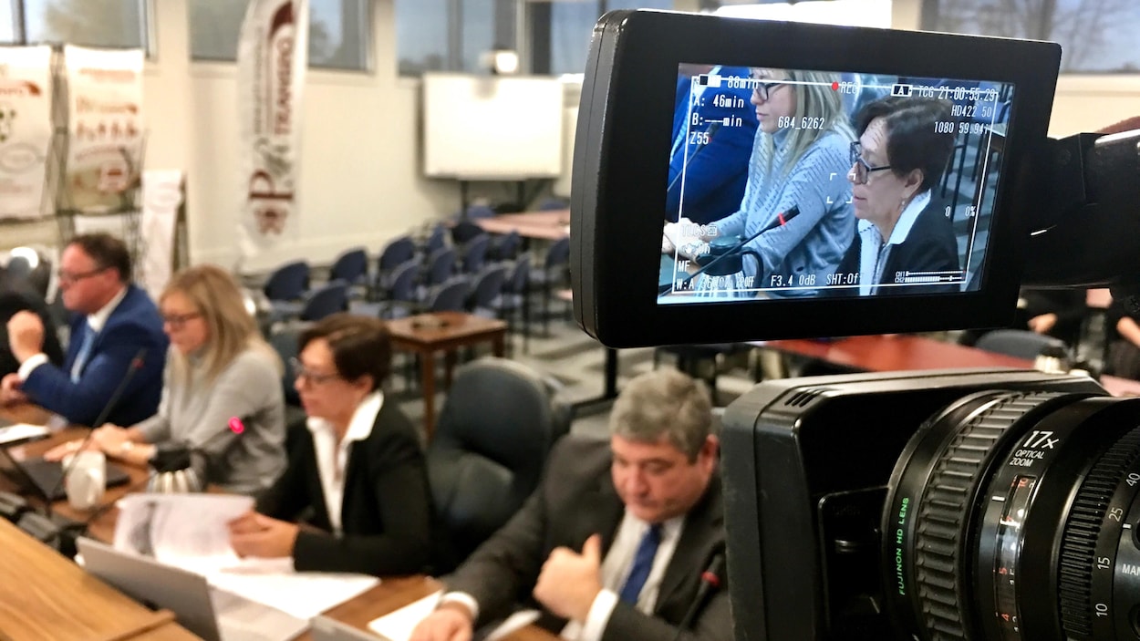 Mme Ménard-Brault apparaît dans l'écran d'une caméra, lors de sa présentation à côté de ses collègues.