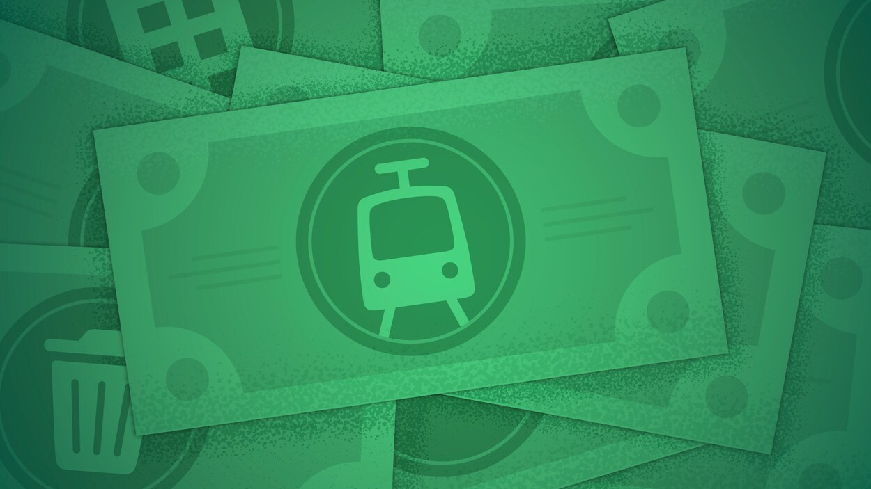 Une image de tramway en dessin vu de face imprimée sur des billets d'argent.