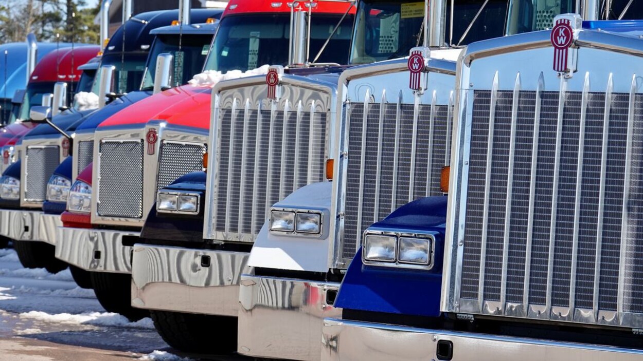 Des camions allignés les uns à côté des autres.