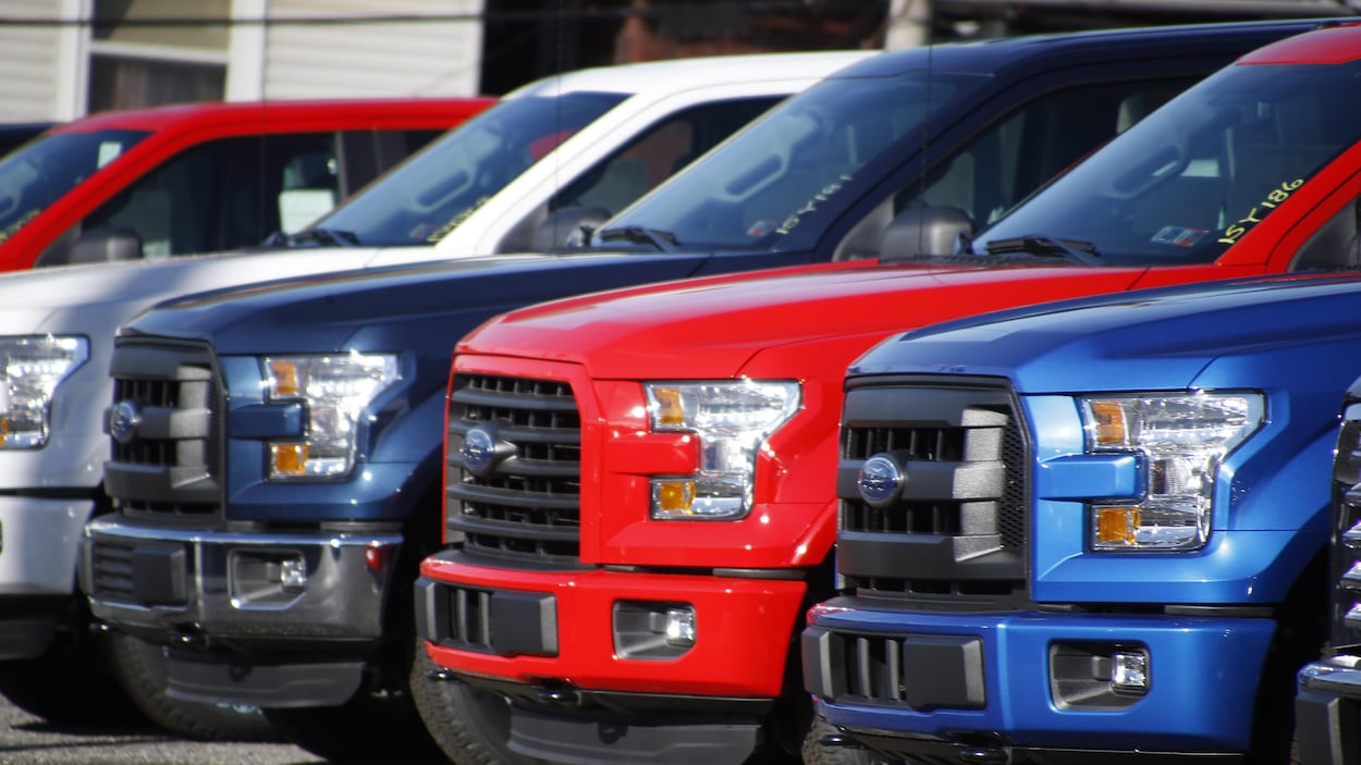 Des camionnettes bleues, rouges et blanches de Ford garées l'une à côté de l'autre.