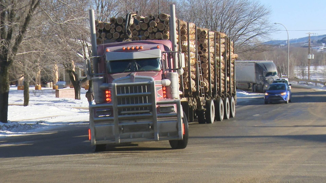Un camion chargé de bois suivi d'un autre gros camion dans une rue du centre-ville.