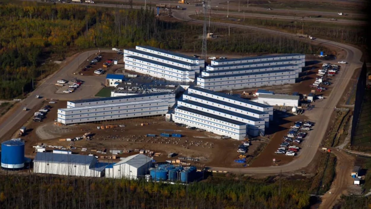 Quatre blocs de rangées de logements industriels identiques sont aménagés entre des routes et de la forêt.