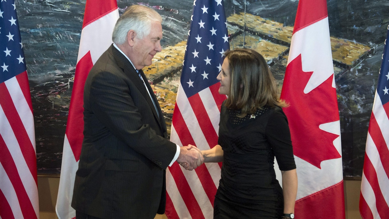 Rex Tillerson et Chrystia Freeland se serrent la main.