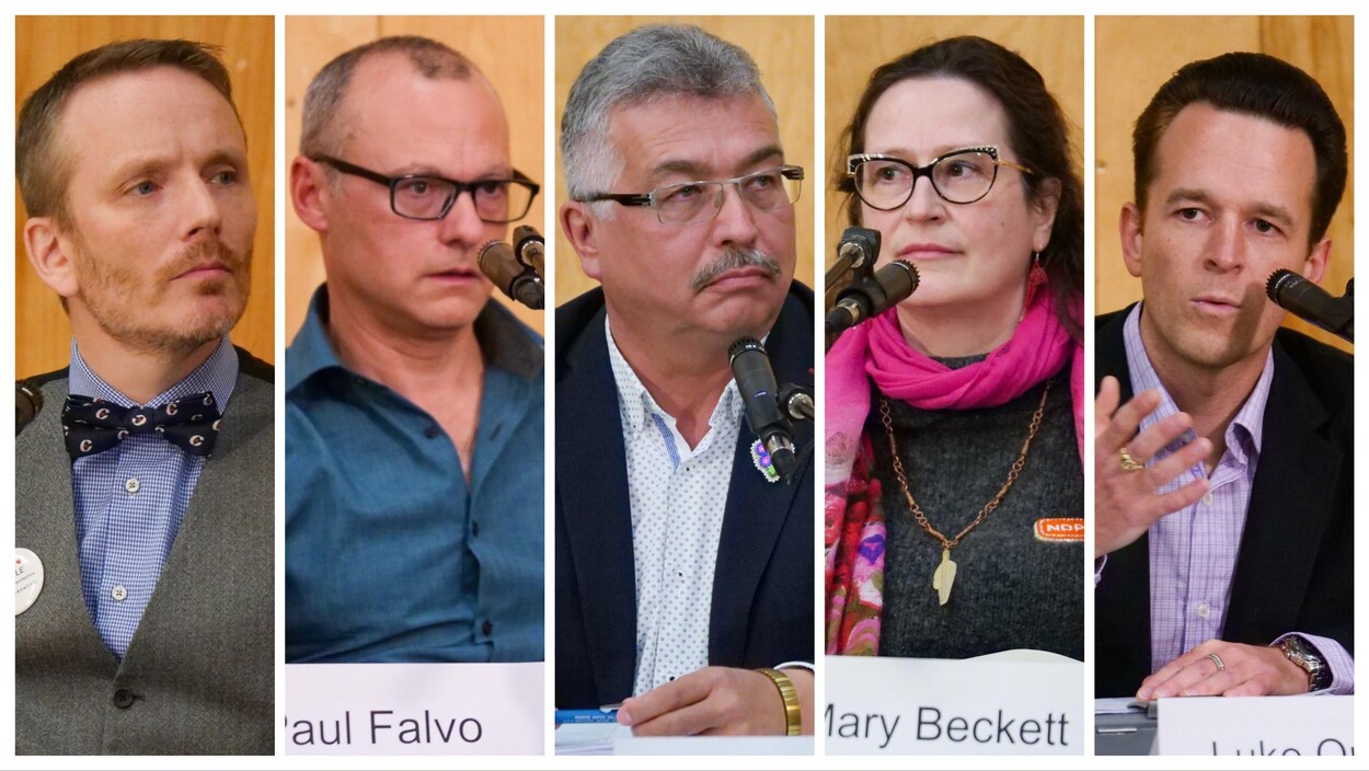 Photomontage de plans serrés des six candidats.