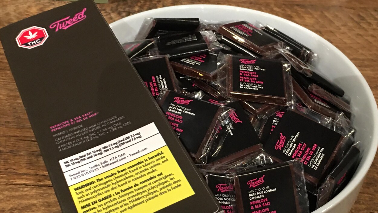 Des carrés de chocolat au sel de mer et infusé de cannabis disposés dans un bol blanc.