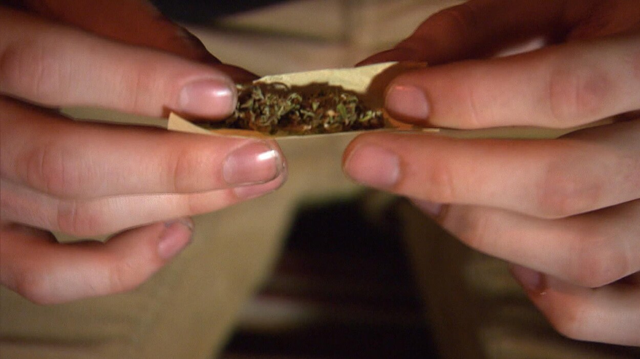 Un individu prépare un joint de marijuana.