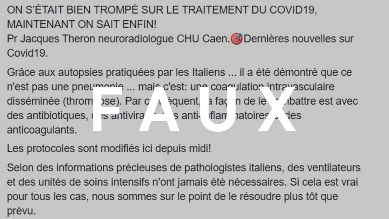 Capture d'écran d'une publication Facebook commençant par "ON S'ÉTAIT BIEN TROMPÉ SUR LE TRAITEMENT DU COVID 19". Le mot FAUX est superposé sur la photo.