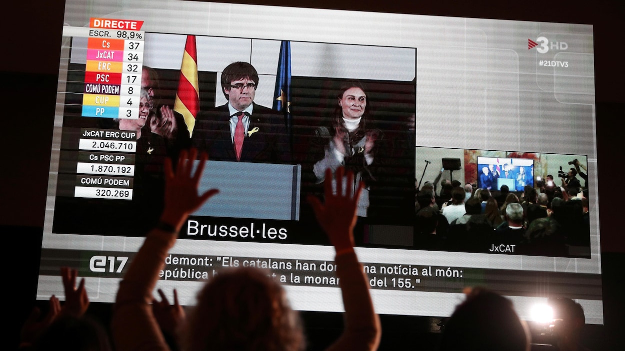 Image d'un écran géant où était projeté dans les rues de Barcelone le discours de Carles Puigdemont en direct de Bruxelles. Image d'un écran géant où était projeté dans les rues de Barcelone le discours de Carles Puigdemont en direct de Bruxelles.