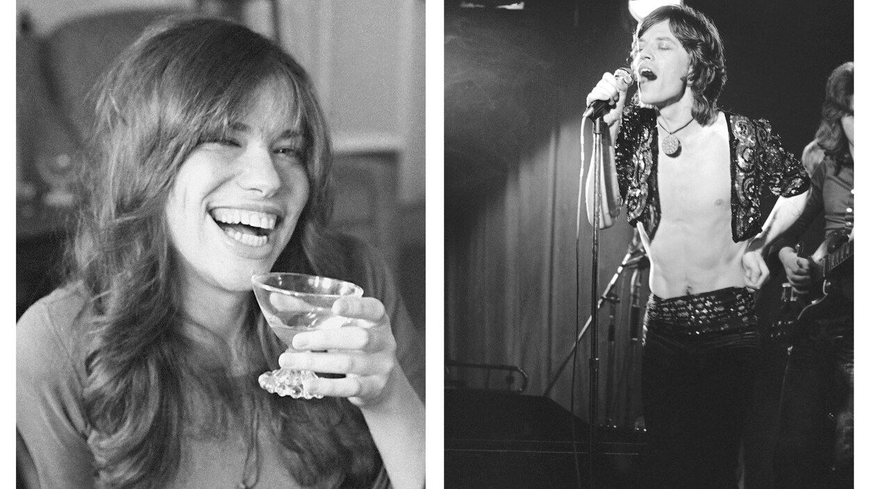 À gauche, la jeune femme rit en tenant un verre dans ses mains, à droite, l'homme chante sur scène.