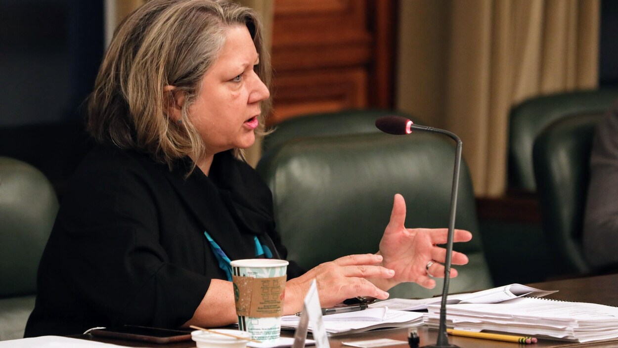 Une femme, Carol Bellringer, parle au micro lors d'un comité du Parlement de la Colombie-Britannique.