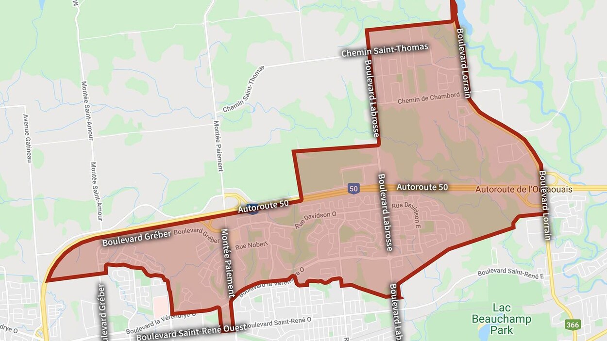 Une partie du secteur de Gatineau bordant l'autoroute 50 est entourée en rouge.