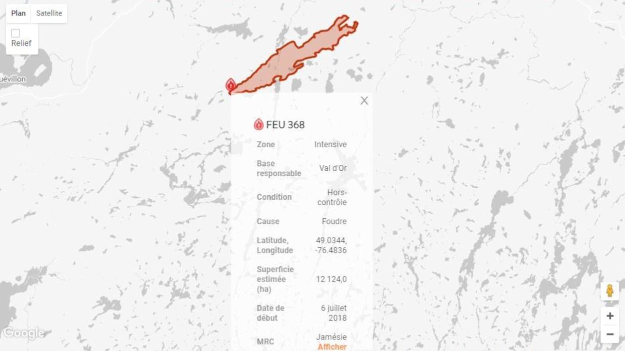 Le feu de forêt près de LebelsurQuévillon a plus que doublé de