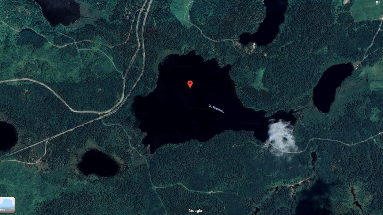 Vue satellite du lac Robinson, entouré de forêt.
