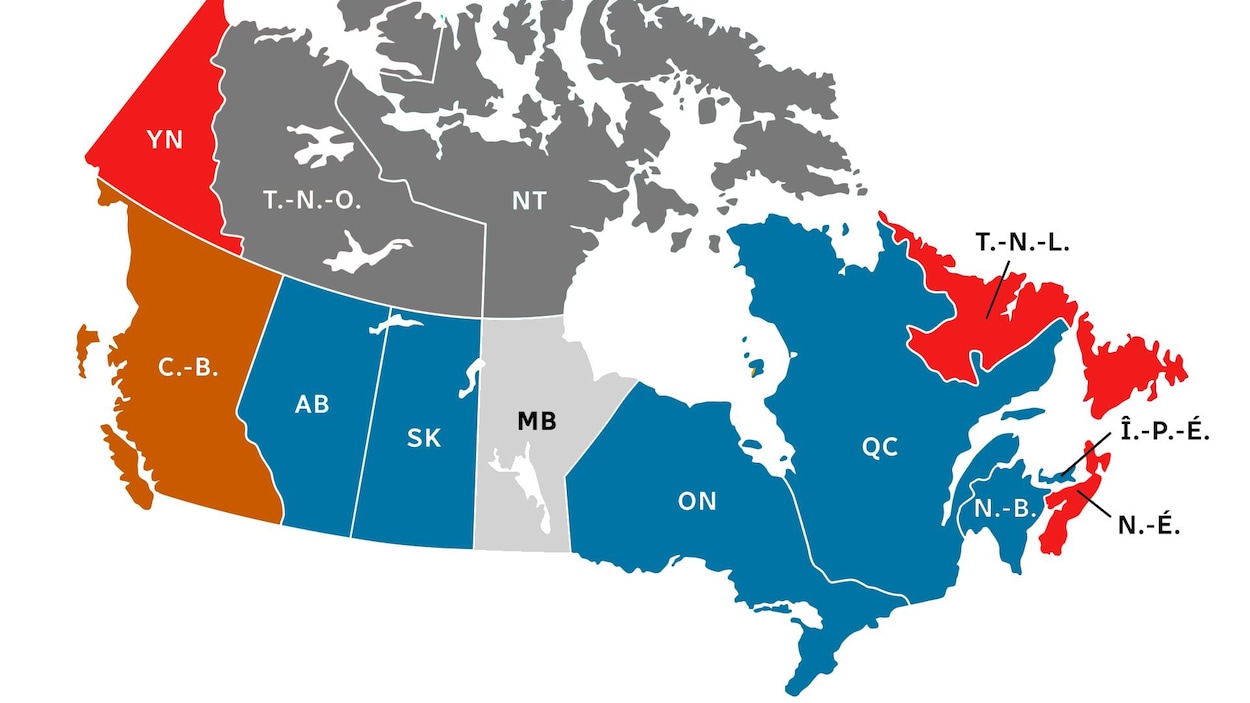 Une carte montre les couleurs des partis politiques au pouvoir dans les provinces et territoires. On trouve des gouvernements d'allégeance conservatrice en Alberta, Saskatchewan, Manitoba, Ontario, Québec, Île-du-Prince-Édouard et au Nouveau-Brunswick. On trouve des gouvernements libéraux en Nouvelle-Écosse et à Terre-Neuve-et-Labrador, et un gouvernement néo-démocrate en Colombie-Britannique.
