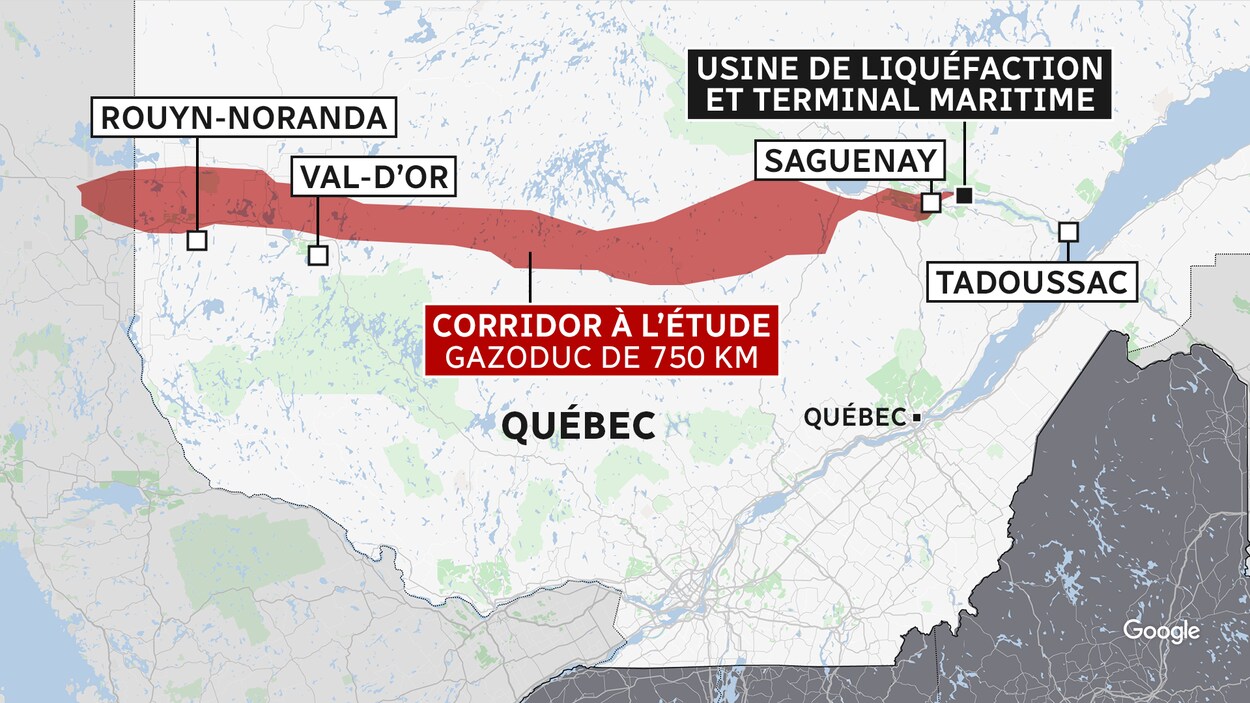 Carte illustrant un tracé partant de Rouyn-Noranda à Saguenay, où GNL Québec veut construire une usine de liquéfaction de gaz naturel et un terminal maritime.