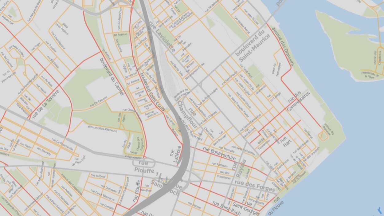 Une carte du centre-ville de Trois-Rivières dont certaines rues ont été colorées en orange.