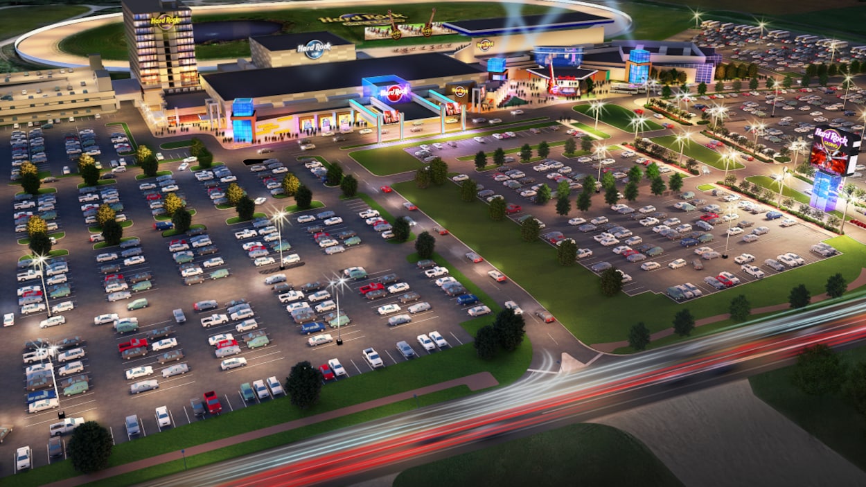 Un dessin d'un casino et d'un grand stationnement Un dessin d'un casino et d'un grand stationnement