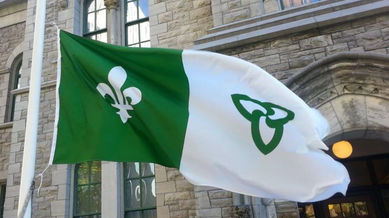 Un drapeau vert et blanc flotte au vent. Un drapeau vert et blanc flotte au vent.