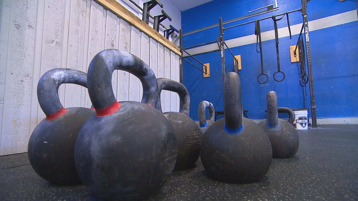 Des poids dans une salle d'entraînement.
