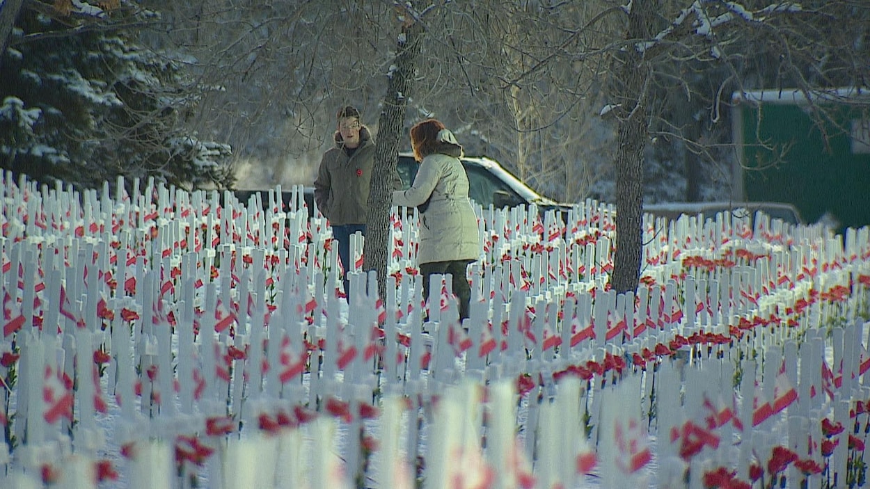 Un champ recouvert de croix surmontées de fleurs et de drapeaux du Canada.