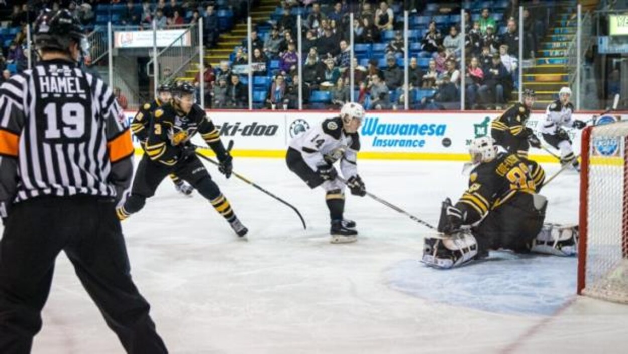 Le joueur de centre Filip Chlapik des Islanders de Charlottetown s'élance vers le filet des Tigres de Victoriaville. Le joueur de centre Filip Chlapik des Islanders de Charlottetown s'élance vers le filet des Tigres de Victoriaville.