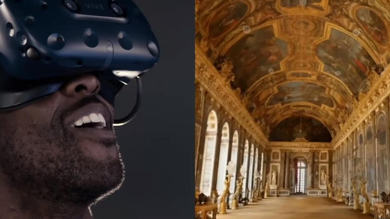 Un homme portant un casque de réalité viruelle regarde l'intérieur du château de Versailles.