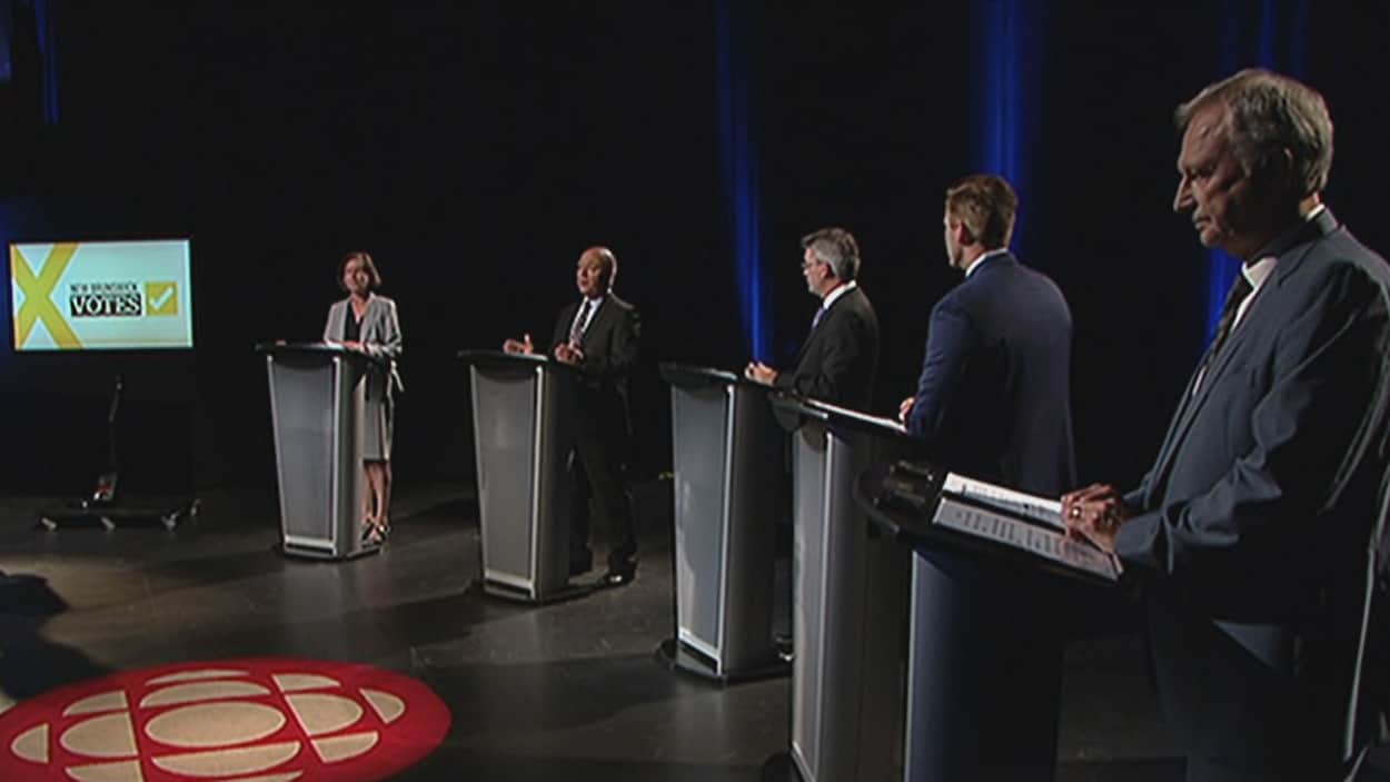 Les cinq chefs de parti au Nouveau-Brunswick devant leur lutrin pendant le débat. Les cinq chefs de parti au Nouveau-Brunswick devant leur lutrin pendant le débat.