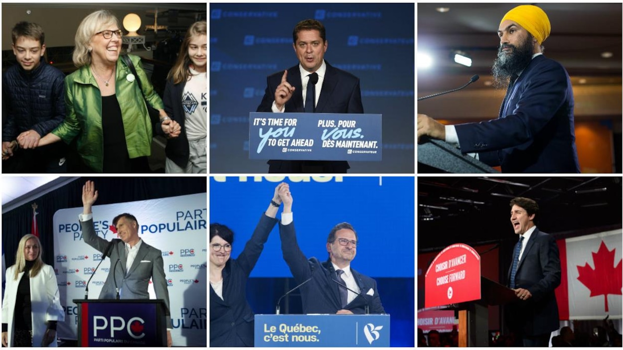 Photomontage des chefs des six principaux partis (dans le sens horaire) : Elizabeth May, Andrew Scheer, Jagmeet Singh, Justin Trudeau, Yves-François Blanchet et Maxime Bernier.